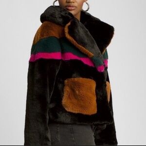 Choosy Black Multi Faux Fur Collared Snap Close Jacket Size 2X